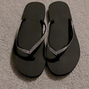 Black Rhinestone Flip Flop Sandals Womens 39 Size 8 New
